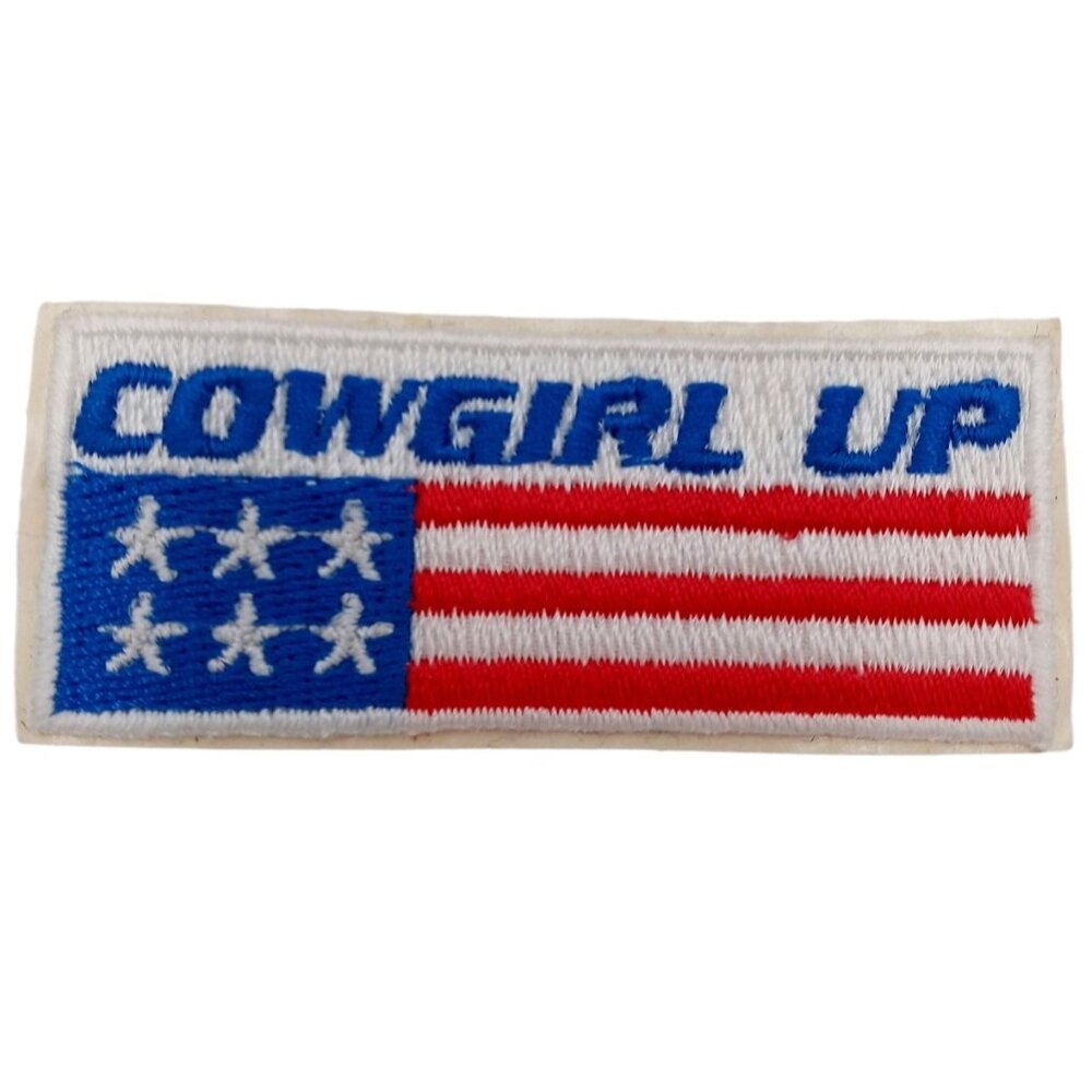 Cowgirl Up Embroidered Patch Red White Blue Rodeo Stars Stripes USA Flag Ladies